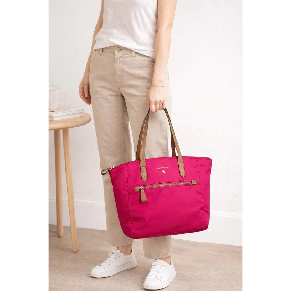 MICHAEL KORS Nylon Tote Bag Hot Pink Shoulder‎ Tote Zip Top Gold Hardware